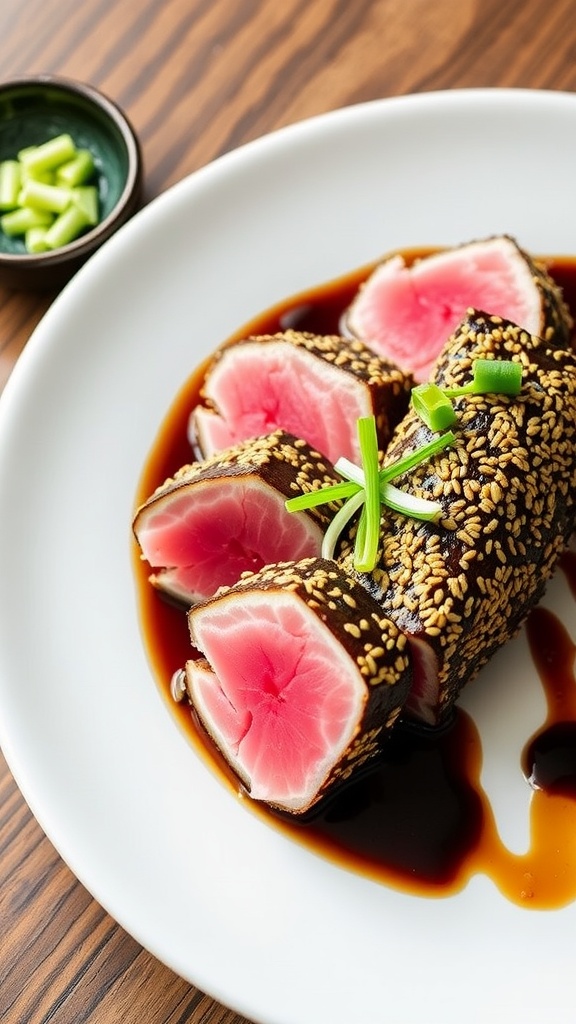 Seared Tuna Tataki with Soy Ginger Sauce Plated Tuna Tataki with sesame crust, soy ginger sauce, and garnished with green onions.